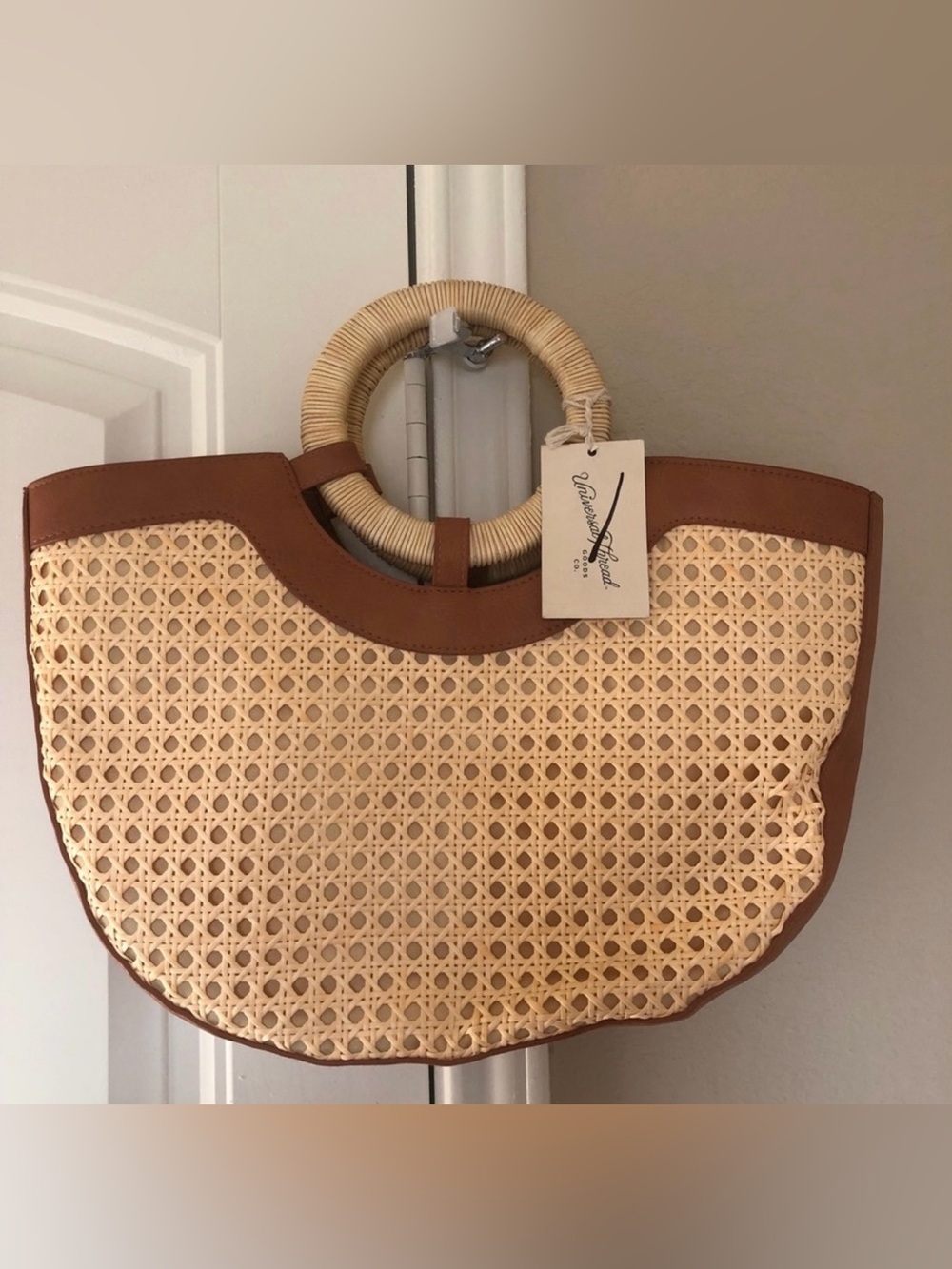 Universal Thread Woven Rattan Tote with Brown Trim